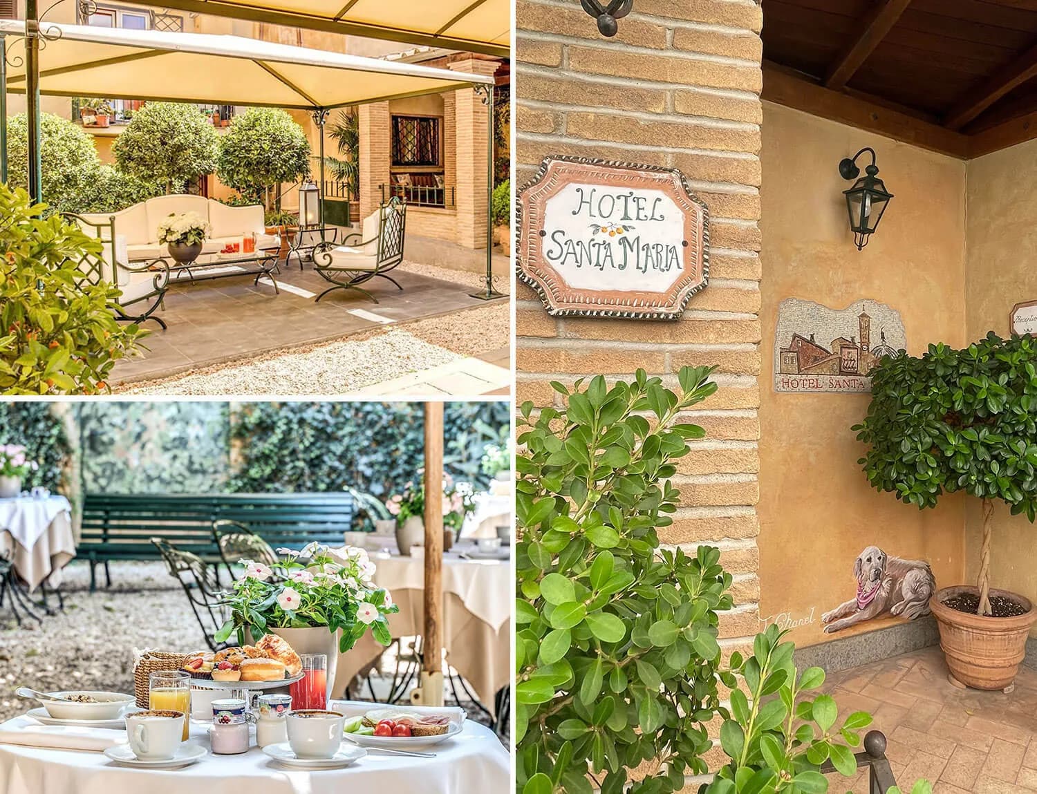 Courtyard, breakfast and entrance at Hotel Santa Maria, Rome